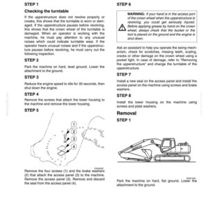 May include: A technical manual page titled UPPERSTRUCTURE 9002-3 detailing inspection and removal steps for a machine turntable. It includes text instructions, a numbered diagram of screws and washers, and a line drawing of an excavator.