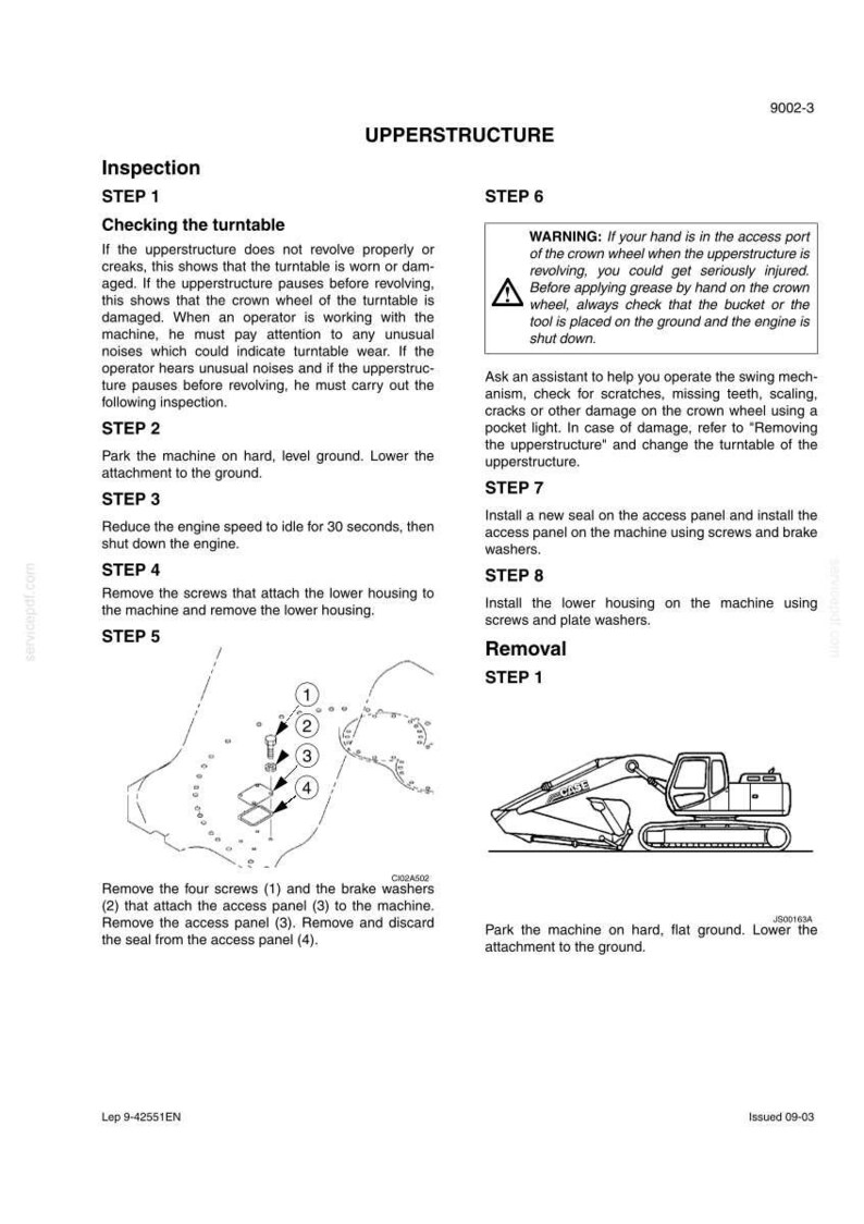 May include: A technical manual page titled UPPERSTRUCTURE 9002-3 detailing inspection and removal steps for a machine turntable. It includes text instructions, a numbered diagram of screws and washers, and a line drawing of an excavator.