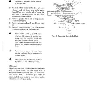 May include: A technical diagram labeled Fig. 1-6 Removing the cylinder block, showing a cross-section of a mechanical assembly with numbered components including a brake piston, cylinder block, spring retainer, and air supply connection point.