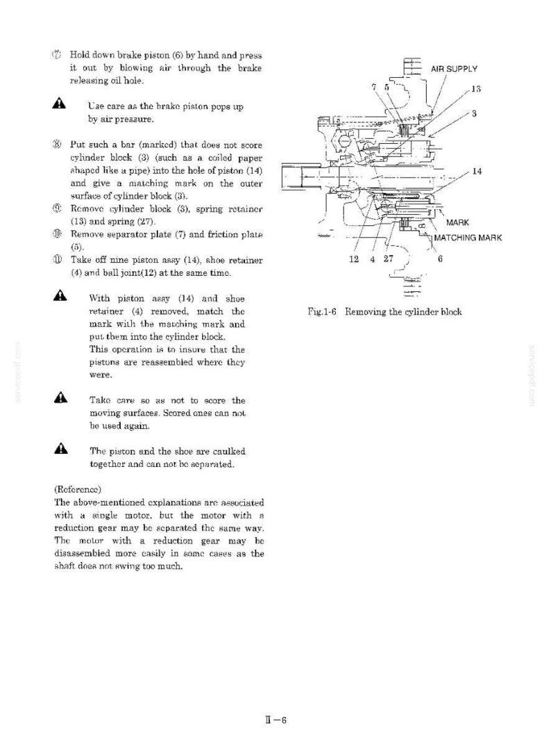May include: A technical diagram labeled Fig. 1-6 Removing the cylinder block, showing a cross-section of a mechanical assembly with numbered components including a brake piston, cylinder block, spring retainer, and air supply connection point.