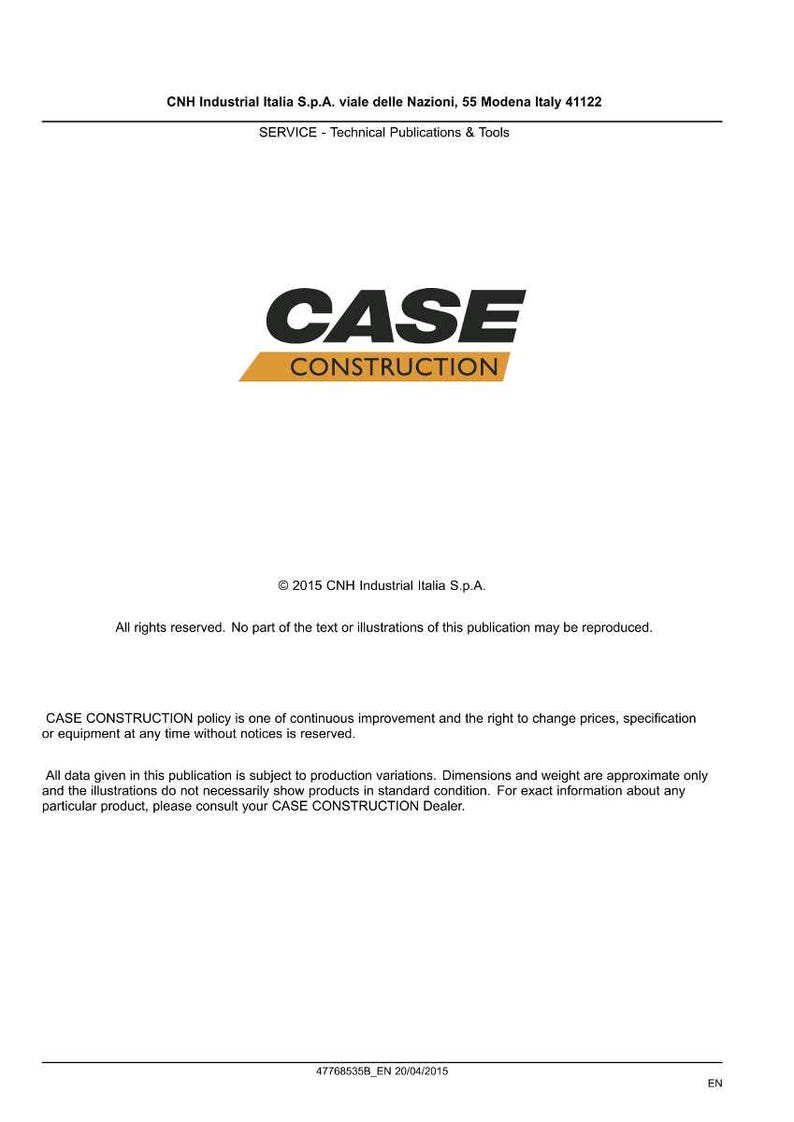 Op de afbeelding: Een wit document met het "CASE CONSTRUCTION" logo in zwart en goud. De tekst bevat informatie over technische publicaties, copyrightinformatie en een disclaimer over productvariaties.
