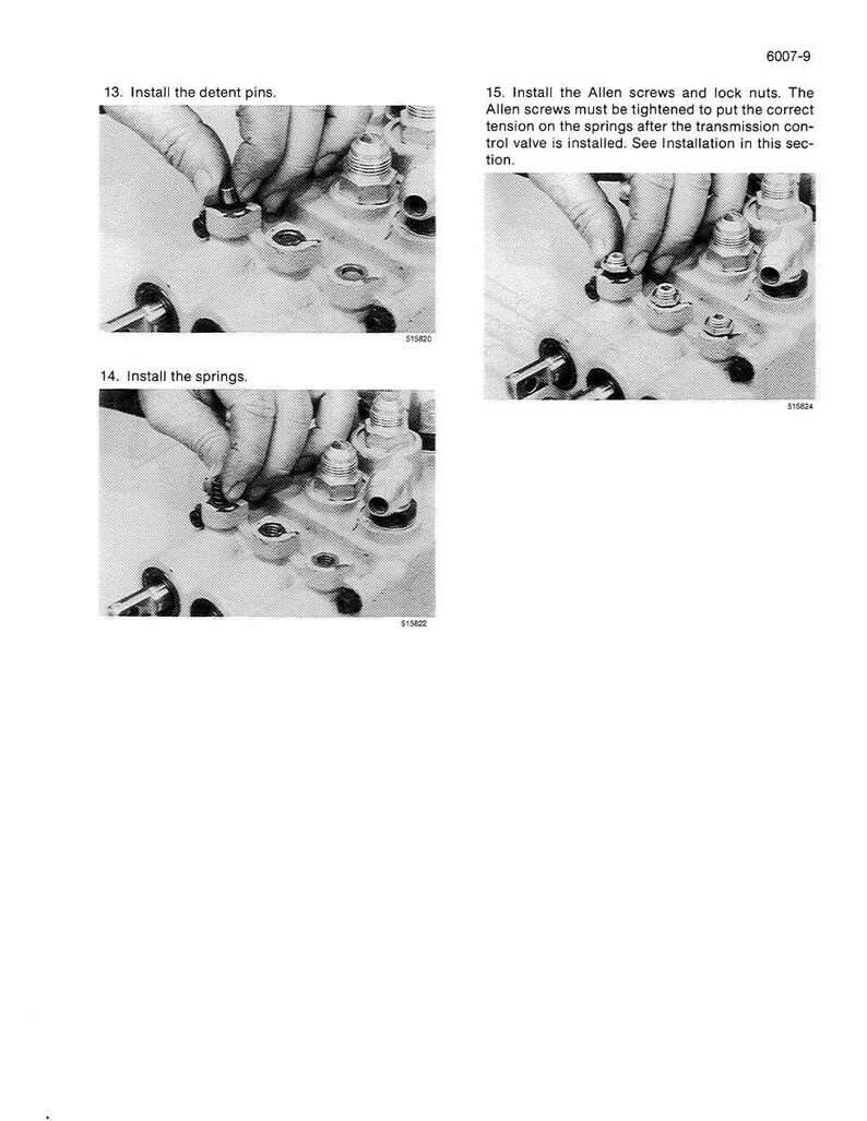 May include: Black and white technical diagram showing the installation of mechanical components. The image includes close-up views of hands installing detent pins, springs, Allen screws, and lock nuts. Text includes instructions and part numbers.