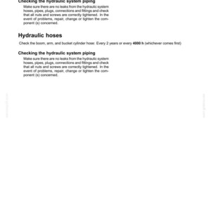 May include: A page from a maintenance manual with the title "6 - MAINTENANCE". The text describes procedures for checking pump outlet hoses, hydraulic system piping, and hydraulic hoses. The page includes instructions and maintenance intervals.