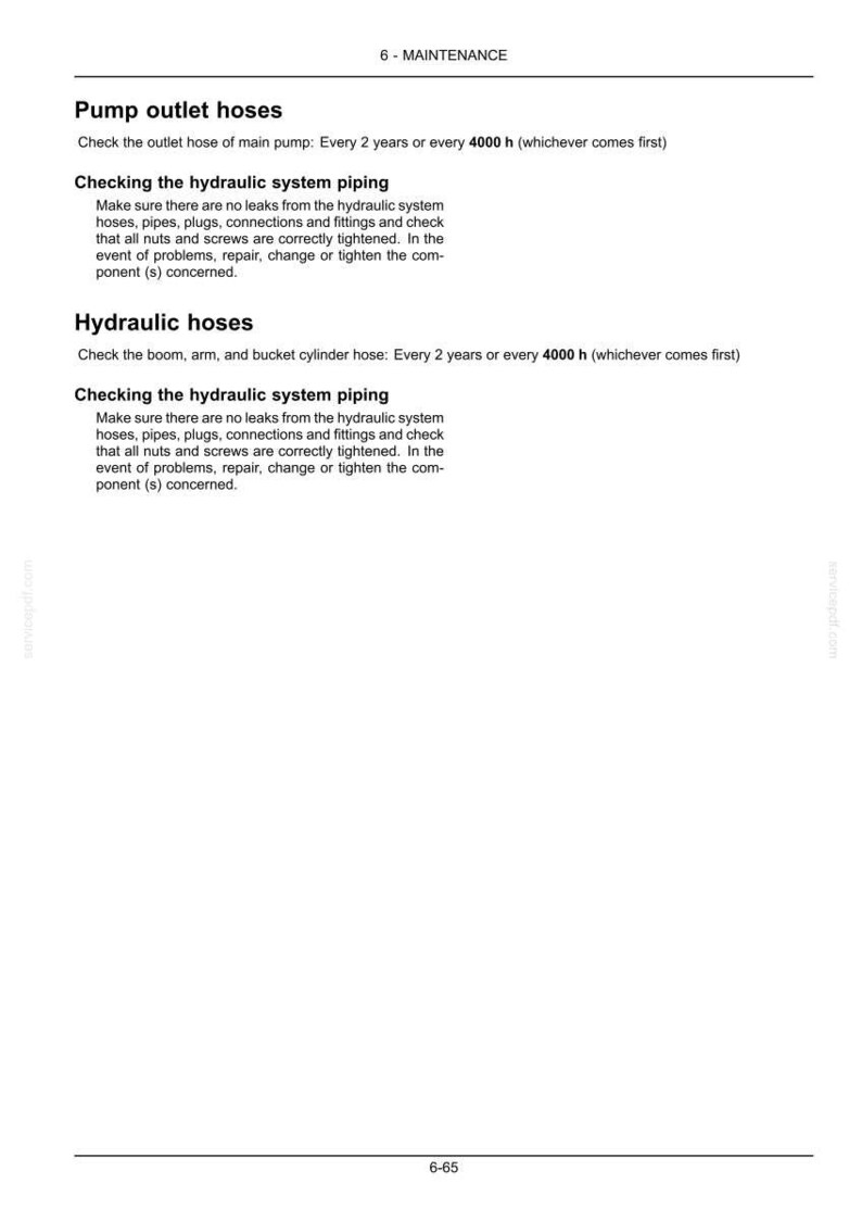 May include: A page from a maintenance manual with the title "6 - MAINTENANCE". The text describes procedures for checking pump outlet hoses, hydraulic system piping, and hydraulic hoses. The page includes instructions and maintenance intervals.