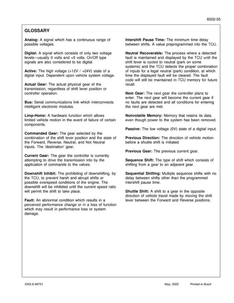 May include: Glossary page with automotive terms and definitions. Includes terms like "Analog", "Digital", "Active", "Actual Gear", "Bus", "Limp-Home", and "Fault". Published May 2003 in Brazil.