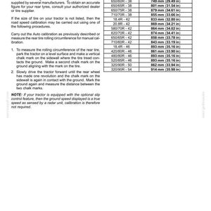 May include: A technical document page titled 3-CONTROLS AND INSTRUMENTS containing instructions for ground speed calibration and a table listing various tire sizes with their corresponding tire radius measurements in millimeters and inches.