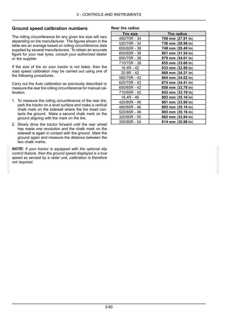May include: A technical document page titled 3-CONTROLS AND INSTRUMENTS containing instructions for ground speed calibration and a table listing various tire sizes with their corresponding tire radius measurements in millimeters and inches.