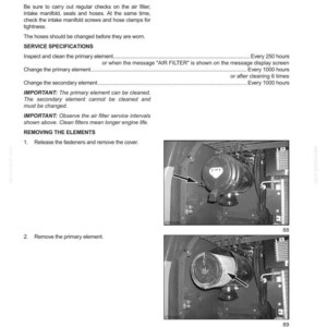Pu&ograve; includere: Immagine in bianco e nero da un manuale che mostra la manutenzione del filtro dell'aria. Il testo include le specifiche di servizio e le istruzioni per la rimozione degli elementi. L'immagine mostra i componenti del filtro dell'aria.