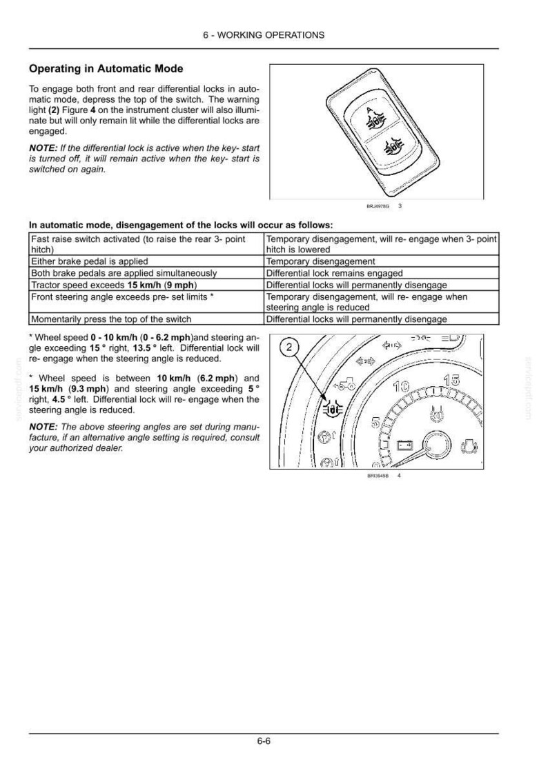 May include: A technical manual page titled 6- WORKING OPERATIONS detailing automatic mode for differential locks. It includes a diagram of a switch with icons, a table of disengagement conditions, and a gauge cluster illustration labeled 2.