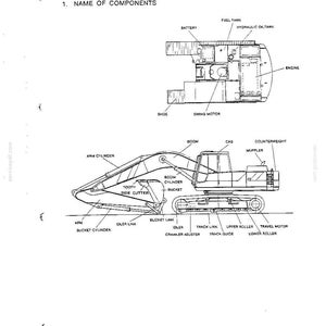 Peut inclure: Un sch&eacute;ma technique intitul&eacute; SECTION II SPECIFICATION 1. NAME OF COMPONENTS montrant une vue de dessus et de c&ocirc;t&eacute; d'une excavatrice. L'illustration identifie des pi&egrave;ces comme la batterie, le r&eacute;servoir de carburant, le moteur, la fl&egrave;che, la cabine, le godet et les maillons de chenille.