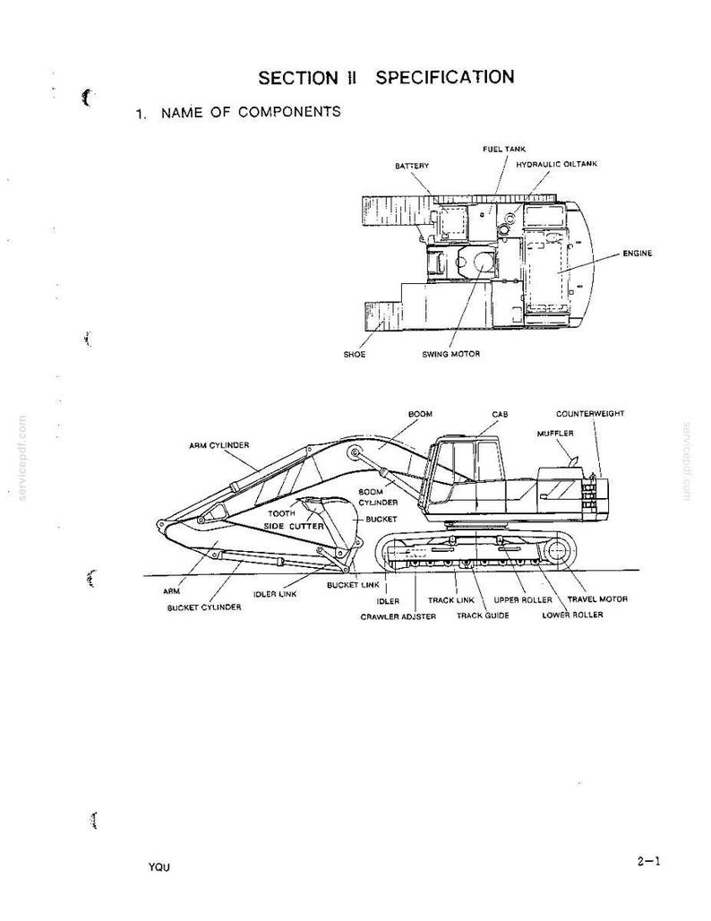 Peut inclure: Un sch&eacute;ma technique intitul&eacute; SECTION II SPECIFICATION 1. NAME OF COMPONENTS montrant une vue de dessus et de c&ocirc;t&eacute; d'une excavatrice. L'illustration identifie des pi&egrave;ces comme la batterie, le r&eacute;servoir de carburant, le moteur, la fl&egrave;che, la cabine, le godet et les maillons de chenille.