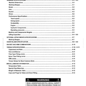 May include: A black and white document page titled Section VI - SPECIFICATIONS, featuring a Table of Contents for machinery. It lists categories like General Specifications, Performance, and Torque, ending with a warning box about safety procedures.