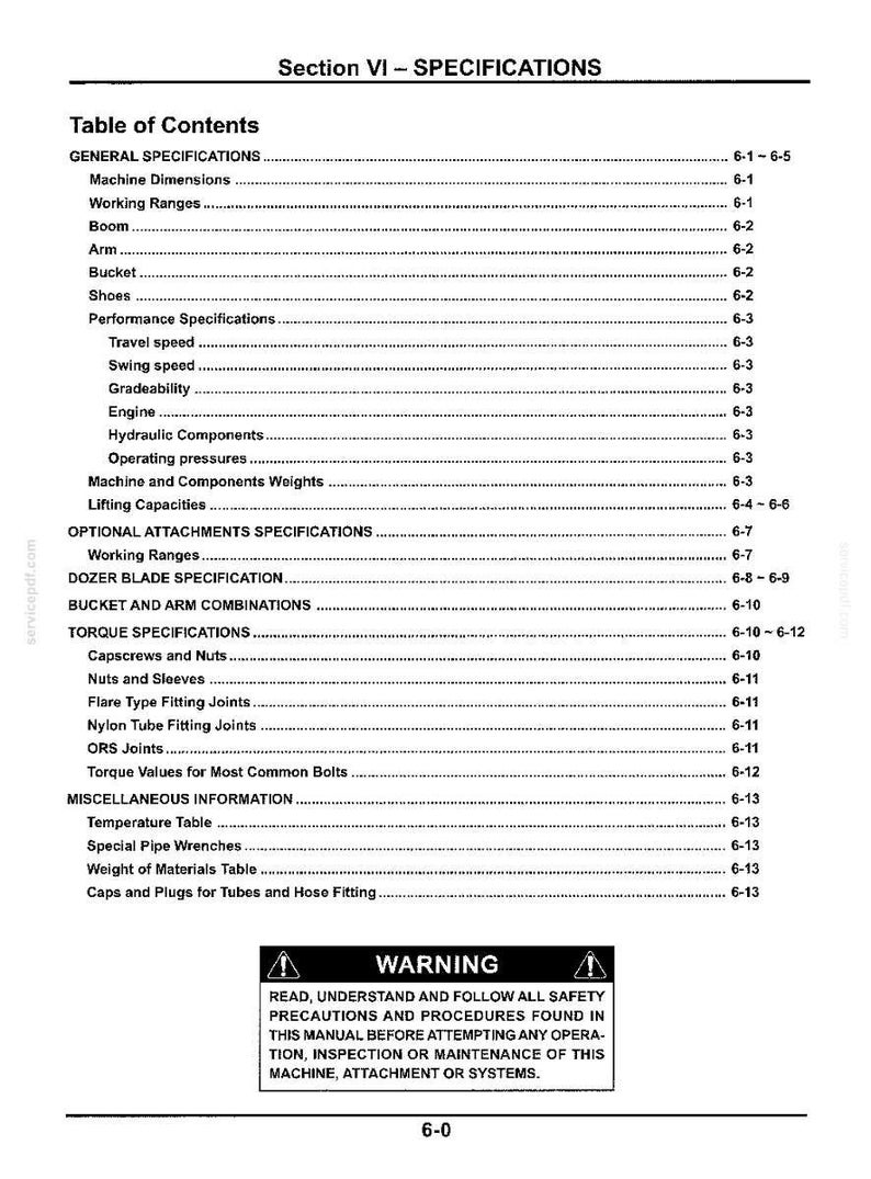 May include: A black and white document page titled Section VI - SPECIFICATIONS, featuring a Table of Contents for machinery. It lists categories like General Specifications, Performance, and Torque, ending with a warning box about safety procedures.