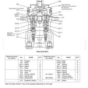May include: A technical cross-section diagram of a pilot valve construction labeled 24. COMPONENTS SYSTEM, 24.1.3.2 CONSTRUCTION. The image includes a detailed schematic with numbered parts, assembly instructions, and a table listing components and torque values.