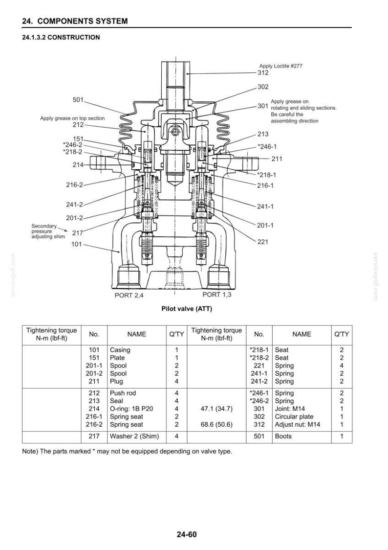 May include: A technical cross-section diagram of a pilot valve construction labeled 24. COMPONENTS SYSTEM, 24.1.3.2 CONSTRUCTION. The image includes a detailed schematic with numbered parts, assembly instructions, and a table listing components and torque values.