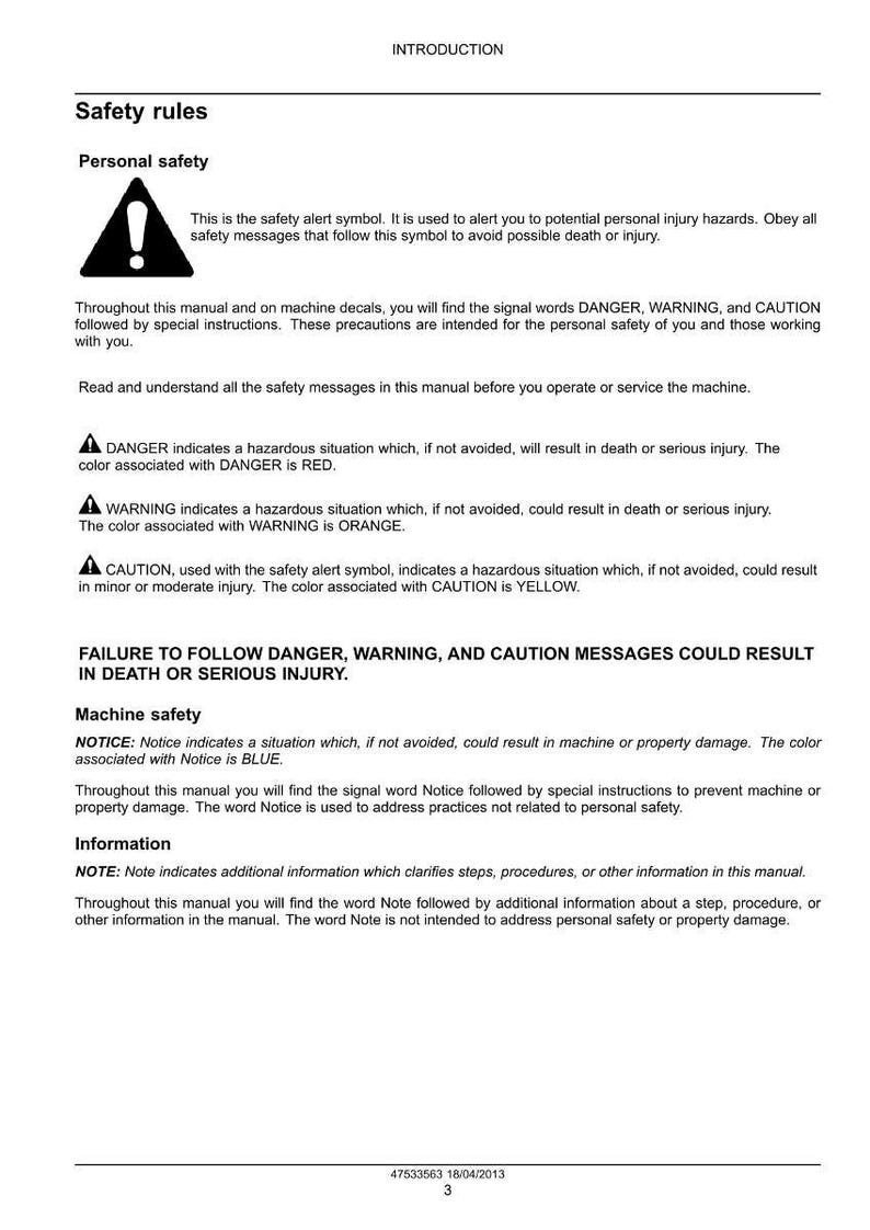 May include: A page from a manual with safety rules and warnings. The text includes the safety alert symbol, and the words DANGER, WARNING, CAUTION, and NOTICE, with associated colors. The document is dated 18/04/2013.