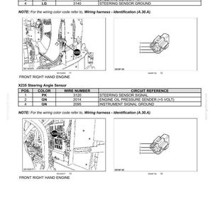 May include: A technical document page titled HYDRAULIC, PNEUMATIC, ELECTRICAL, ELECTRONIC SYSTEMS - ELECTRICAL POWER SYSTEM. It contains two tables for X235 Auto Guidance Steering Angle Sensor and X235 Steering Angle Sensor, including wiring diagrams.