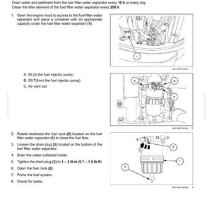 May include: Diagram of a fuel filter water separator with numbered components and instructions for maintenance. Includes labels for IN, OUT, and air vent. Instructions detail draining water and sediment.