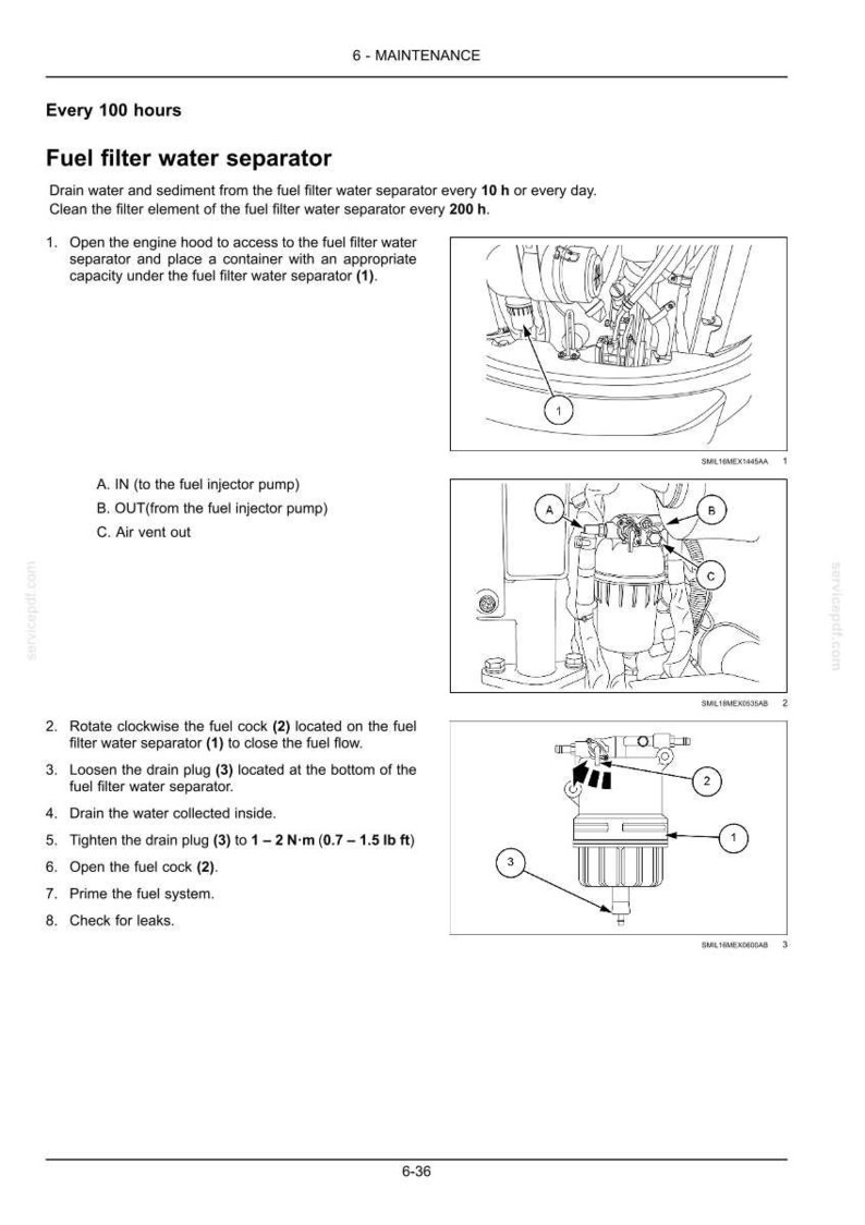May include: Diagram of a fuel filter water separator with numbered components and instructions for maintenance. Includes labels for IN, OUT, and air vent. Instructions detail draining water and sediment.