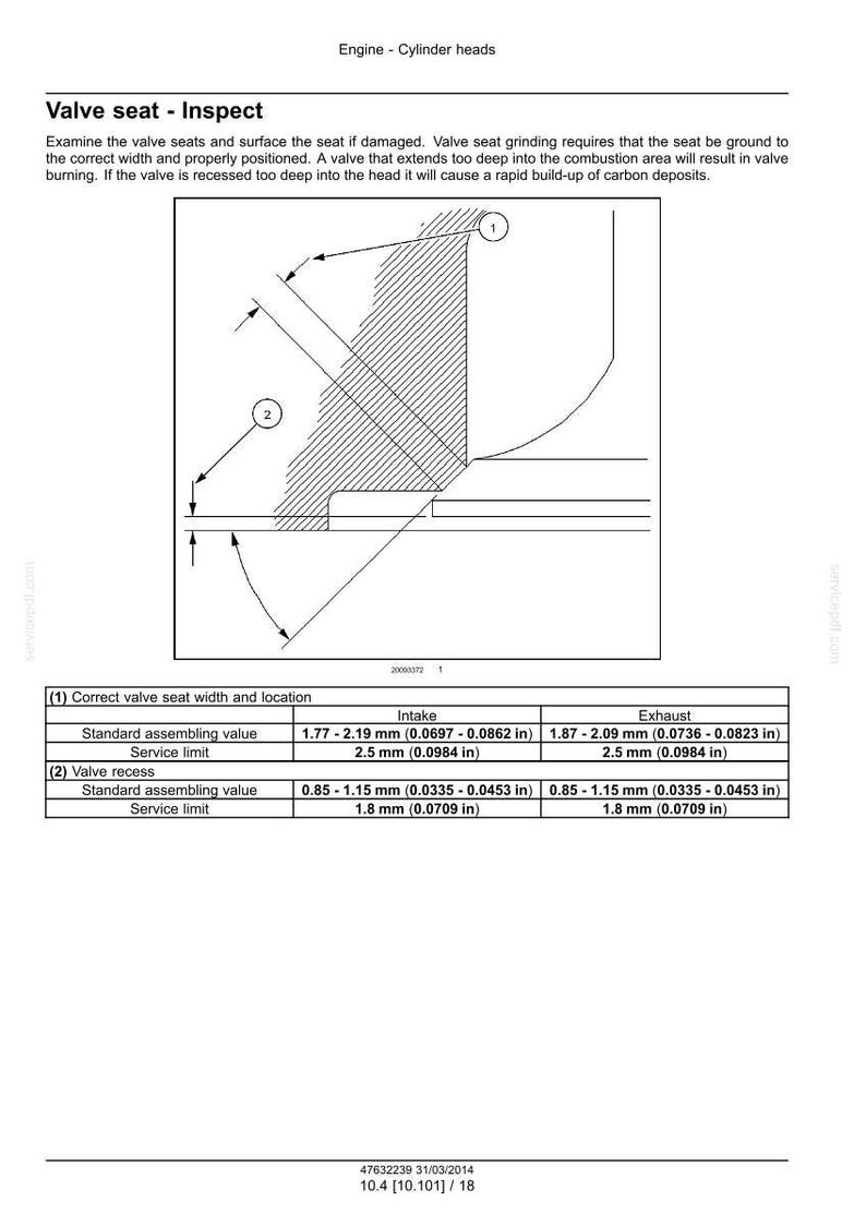 May include: Diagram of an engine cylinder head, detailing valve seat inspection. Includes measurements in inches for intake and exhaust, with standard assembling values and service limits. Text explains the inspection process and potential issues.