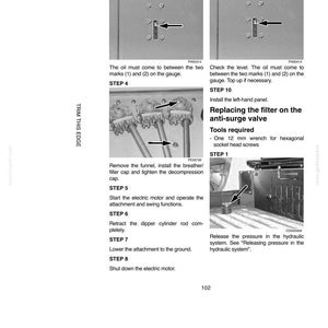 May include: A page from a manual with instructions for lubricating filters and fluids. The steps include checking oil levels, installing panels, and replacing filters. Text includes "Replacing the filter on the anti-surge valve."
