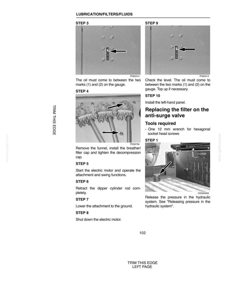 May include: A page from a manual with instructions for lubricating filters and fluids. The steps include checking oil levels, installing panels, and replacing filters. Text includes "Replacing the filter on the anti-surge valve."