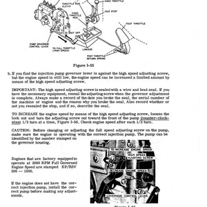 May include: Diagram of an engine's injection pump system, labeled with components like the throttle rod, governor control lever, and adjusting screw. Includes text instructions for engine speed adjustments and safety cautions. Figure I-55 and I-56 are referenced.