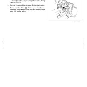 May include: Diagram of hydraulic system components, including a valve plug, O-ring, spring, and poppet. The image provides instructions for disassembly, with numbered parts and labels for clarity. The text includes measurements in inches.