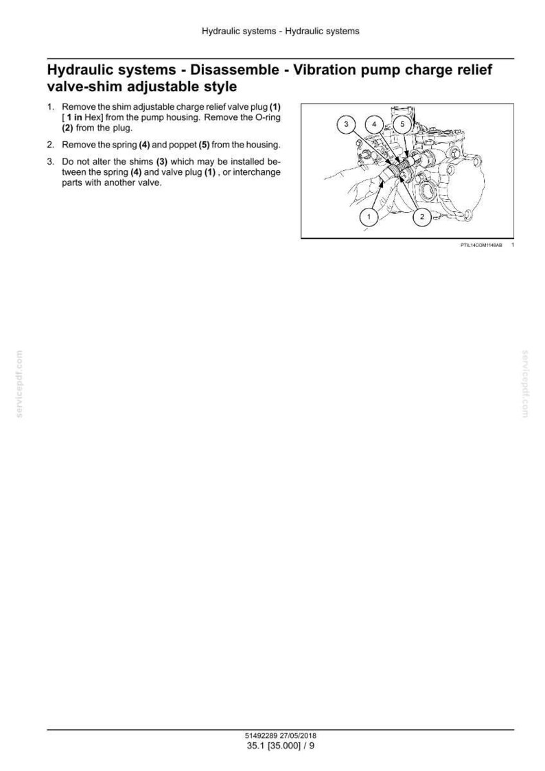 May include: Diagram of hydraulic system components, including a valve plug, O-ring, spring, and poppet. The image provides instructions for disassembly, with numbered parts and labels for clarity. The text includes measurements in inches.