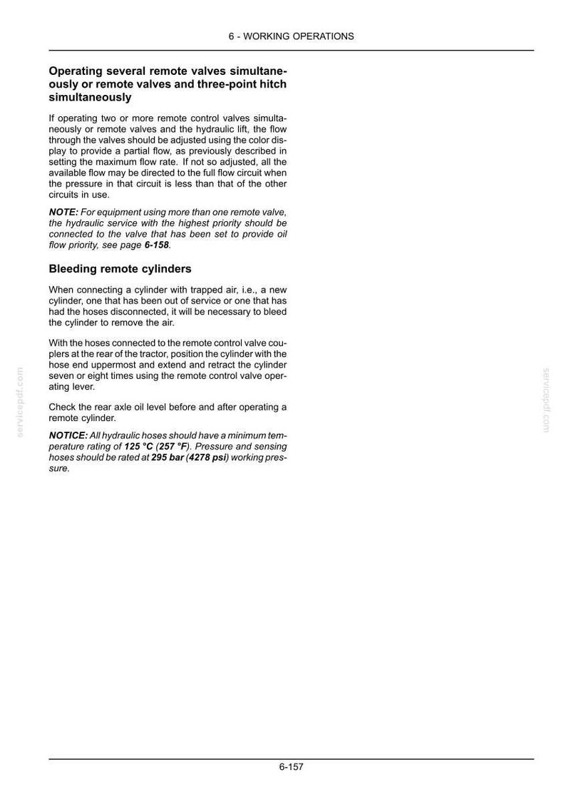 K&ouml;nnte beinhalten: Eine technische Dokumentenseite mit dem Titel 6-WORKING OPERATIONS, die Anweisungen zum Betrieb von Fernventilen, Dreipunktaufh&auml;ngungen und zum Entl&uuml;ften von Fernzylindern sowie technische Spezifikationen f&uuml;r Schl&auml;uche enth&auml;lt.
