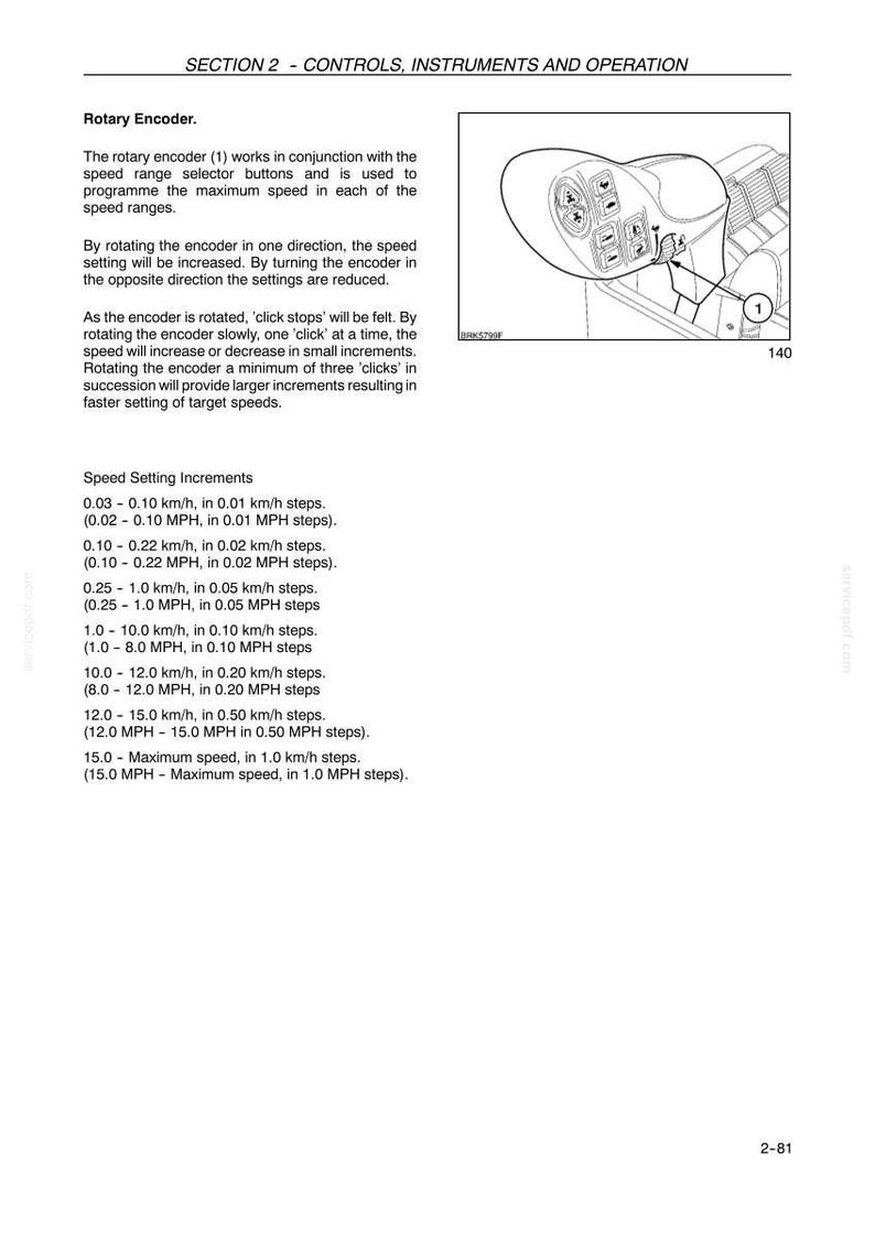 K&ouml;nnte beinhalten: Eine Seite aus einem technischen Handbuch mit dem Titel SECTION 2 - CONTROLS, INSTRUMENTS AND OPERATION. Sie enth&auml;lt eine schwarz-wei&szlig;e Strichzeichnung eines Drehgebers mit der Kennzeichnung 1 sowie Text zu Geschwindigkeitsstufen in km/h und MPH.
