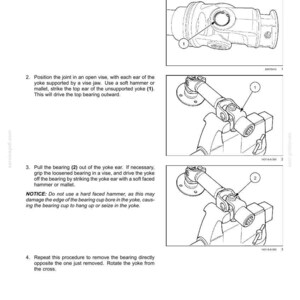 Puede incluir: Diagrama que ilustra la extracci&oacute;n de una junta universal de un eje de transmisi&oacute;n de toma de fuerza (TDF). La imagen muestra instrucciones paso a paso con llamadas numeradas, incluida la extracci&oacute;n de anillos de seguridad y cojinetes.