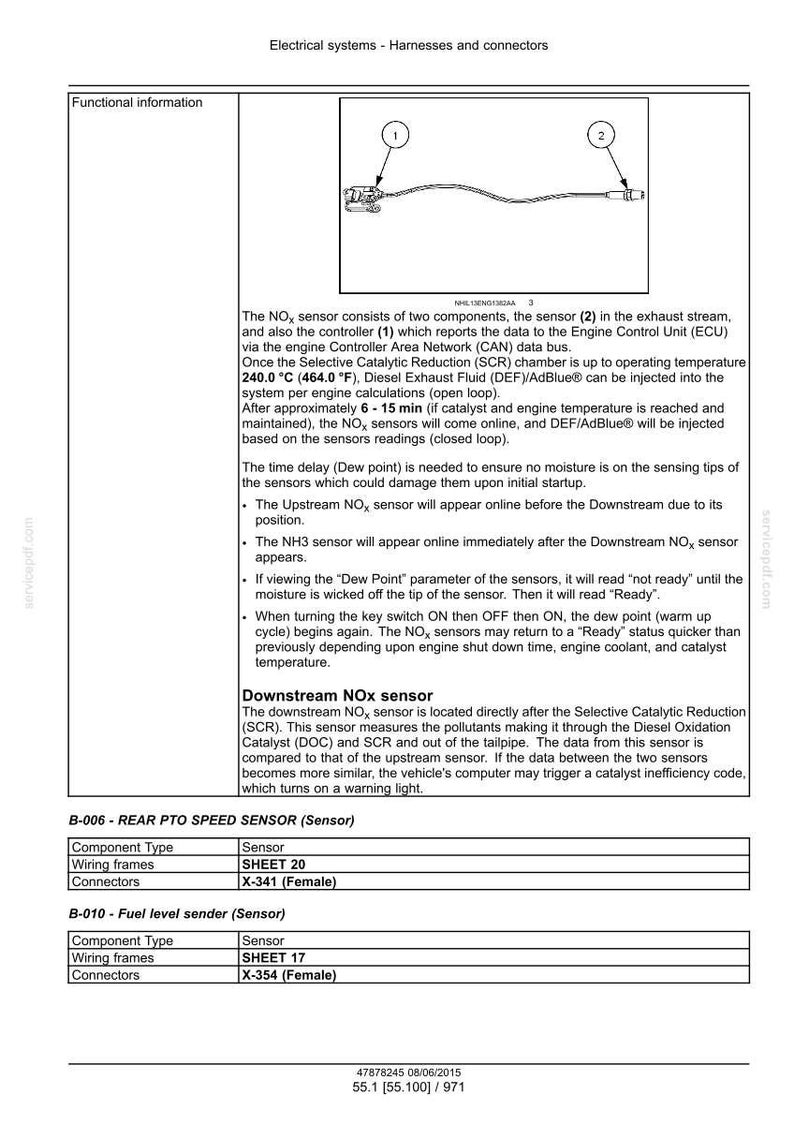May include: Diagram showing electrical components, including a sensor and controller, with text explaining their function in a vehicle's exhaust system. Includes component type, wiring frames, and connector details.