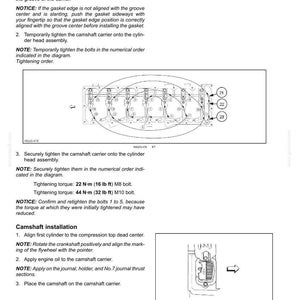 May include: Diagram of engine components, including a camshaft carrier and flywheel. Instructions detail installation steps, tightening torque (22 N&middot;m, 16 lb ft; 44 N&middot;m, 32 lb ft), and bolt order. Text includes notes and notices.