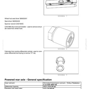 May include: Diagram of a powered rear axle system, including a pinion depth gauge bar, wheel hub seal driver, seal driver, and spanner wrench. Specifications for gear lubricant, differential capacity, and special torques are also listed.