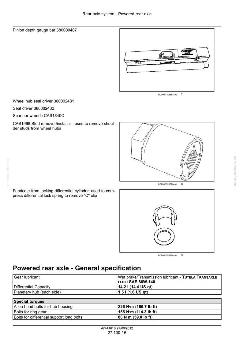 May include: Diagram of a powered rear axle system, including a pinion depth gauge bar, wheel hub seal driver, seal driver, and spanner wrench. Specifications for gear lubricant, differential capacity, and special torques are also listed.