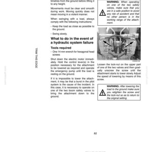 May include: A page from a manual titled "Job Site Operation" with instructions on load handling. It includes safety warnings, diagrams of machinery components, and procedures for hydraulic system failures. The text is in black on a white background.