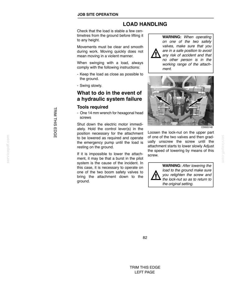 May include: A page from a manual titled "Job Site Operation" with instructions on load handling. It includes safety warnings, diagrams of machinery components, and procedures for hydraulic system failures. The text is in black on a white background.