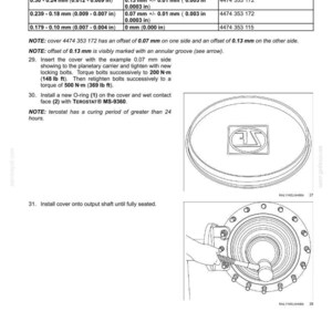 May include: Technical diagram detailing front axle system components, including final drive hub, steering knuckles, and shafts. Includes a table with measurements in inches and millimeters, and instructions for cover installation.