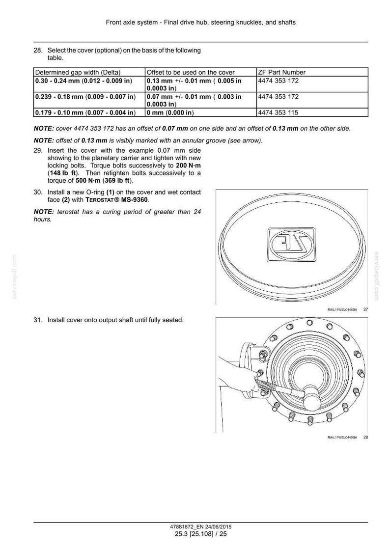 May include: Technical diagram detailing front axle system components, including final drive hub, steering knuckles, and shafts. Includes a table with measurements in inches and millimeters, and instructions for cover installation.