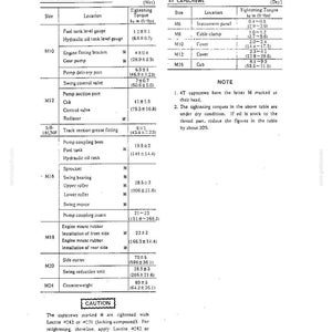 May include: A technical document page titled 20. TIGHTENING TORQUE OF CAPSCREWS AND NUTS. It contains two tables listing bolt sizes, locations, and torque values in kg-m and ft-lbs, along with a note section and a caution box regarding Loctite usage.