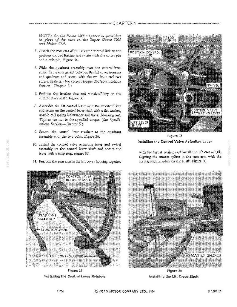 May include: A black and white technical diagram from a manual, showing the installation of control levers and related components. The diagram includes labels such as "Control Valve Actuating Lever" and "Master Splines".