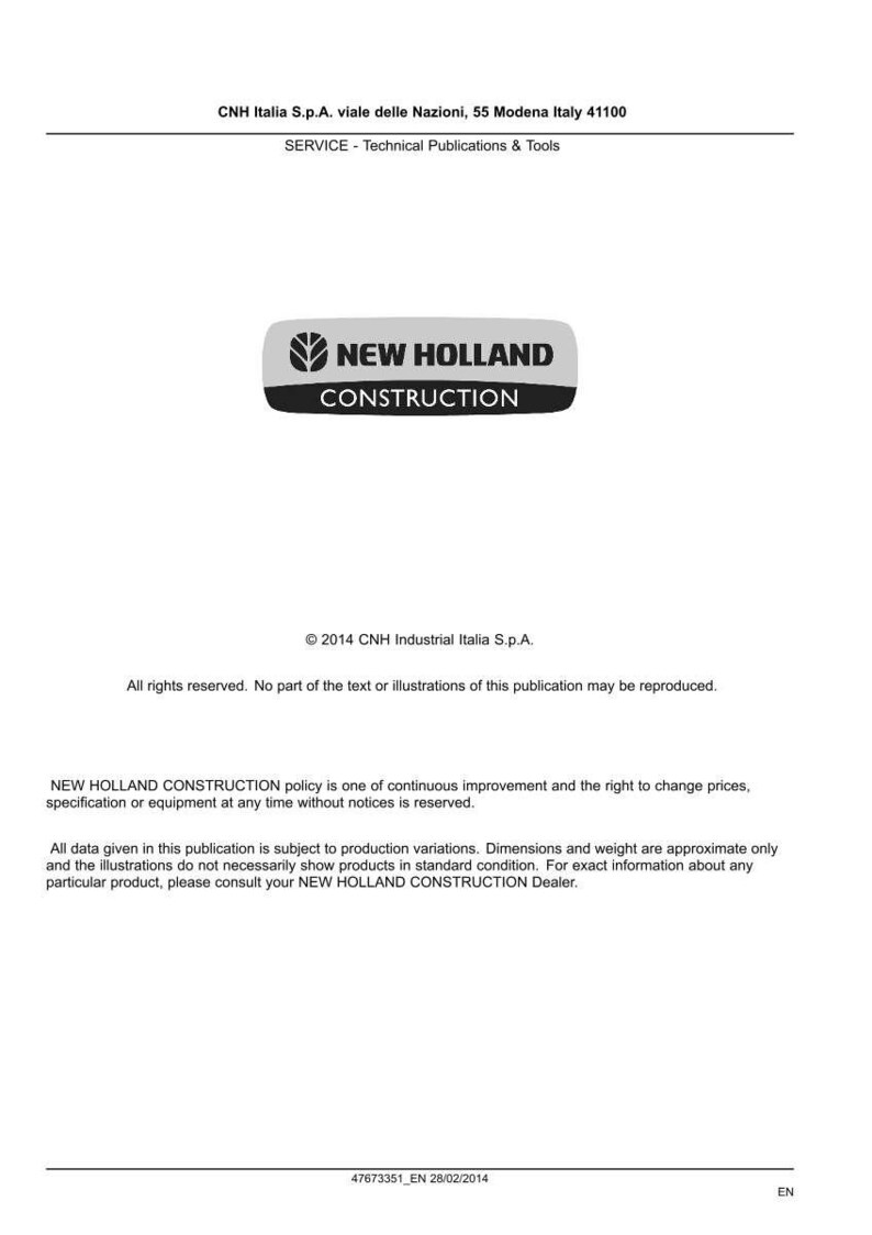 May include: A white document with the "NEW HOLLAND CONSTRUCTION" logo in black and gray. The document includes text about technical publications and tools, and copyright information from 2014.