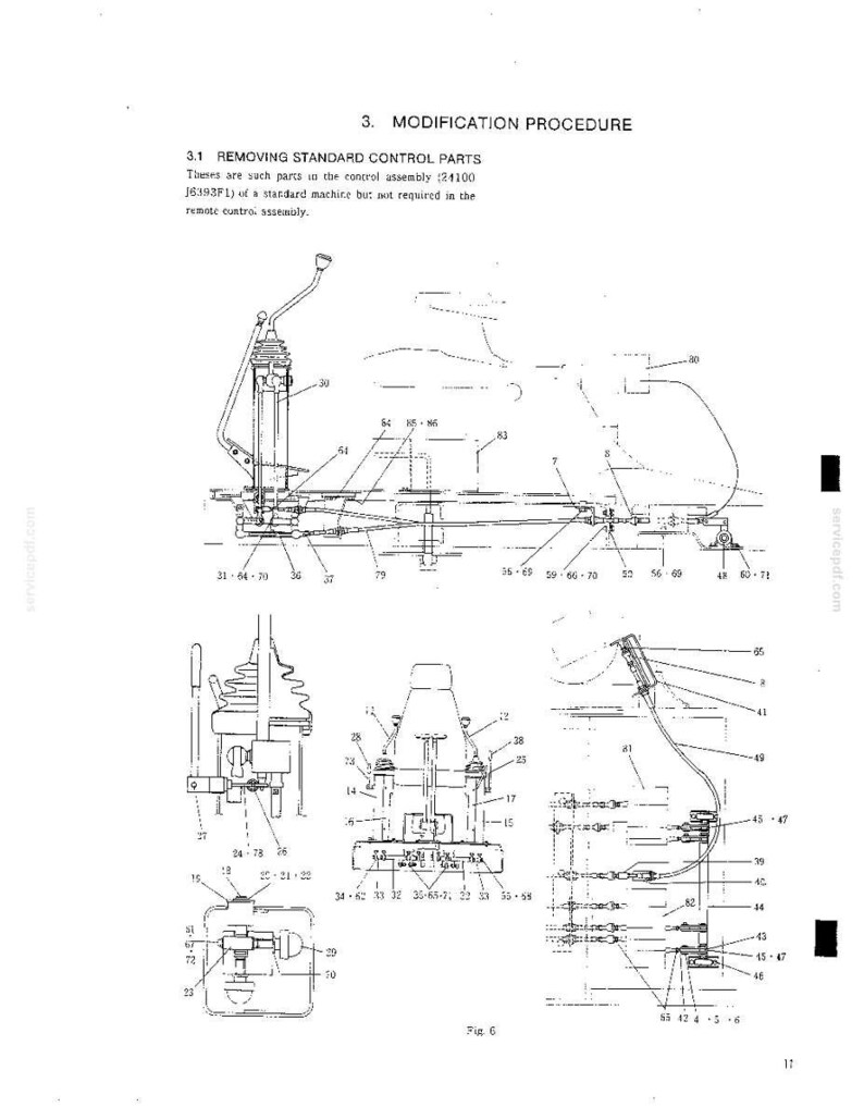 Peut inclure: Un sch&eacute;ma technique intitul&eacute; 3. MODIFICATION PROCEDURE, 3.1 REMOVING STANDARD CONTROL PARTS. Le dessin au trait noir et blanc illustre des composants m&eacute;caniques, des leviers de commande et des assemblages de tringlerie avec des &eacute;tiquettes num&eacute;rot&eacute;es.