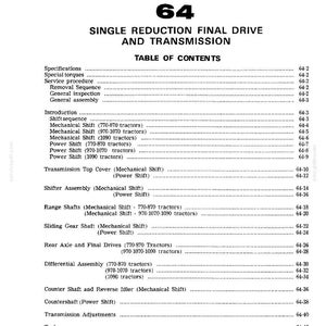 May include: A white page with the title "Section 64" and the subtitle "Single Reduction Final Drive and Transmission." The page contains a table of contents with various mechanical shift and power shift topics, including specifications and general assembly.