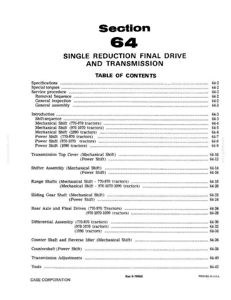 May include: A white page with the title "Section 64" and the subtitle "Single Reduction Final Drive and Transmission." The page contains a table of contents with various mechanical shift and power shift topics, including specifications and general assembly.