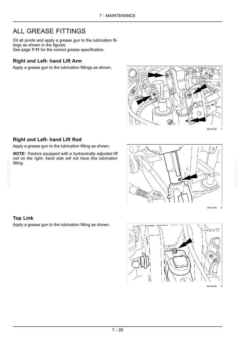 May include: A technical maintenance page titled 7-MAINTENANCE ALL GREASE FITTINGS. It features three black and white line drawings of tractor components with arrows indicating lubrication points for lift arms, lift rods, and the top link.