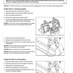Pu&ograve; includere: Diagramma di una benna caricatrice con forche, che illustra i passaggi di installazione. Include avvertenze di sicurezza. Istruzioni testuali e diagrammi numerati descrivono il processo per entrambe le posizioni.