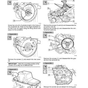 May include: Diagram of an engine overhaul, labeled "ENGINE F4GE0684F - F4HE0684J OVERHAUL." Includes detailed illustrations of engine components with numbered labels and instructions for disassembly and reassembly. Text includes "IMPORTANT - Note the assembly position of the screws."