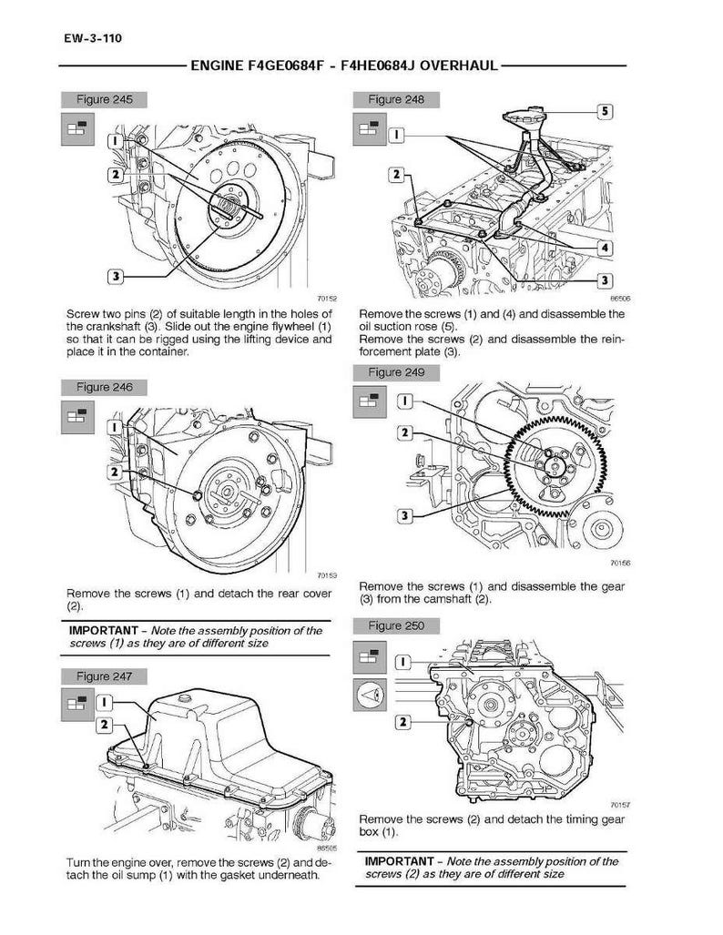 May include: Diagram of an engine overhaul, labeled "ENGINE F4GE0684F - F4HE0684J OVERHAUL." Includes detailed illustrations of engine components with numbered labels and instructions for disassembly and reassembly. Text includes "IMPORTANT - Note the assembly position of the screws."